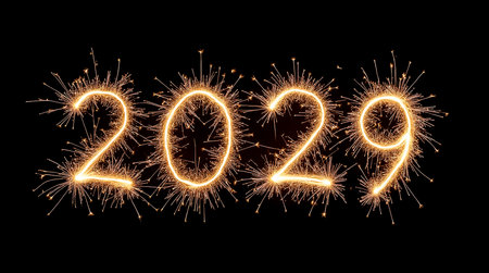 A bright display of sparklers forms the numbers 2029, illuminating the dark space with a festive glow, celebrating the arrival of a new year with joy and excitement.の素材