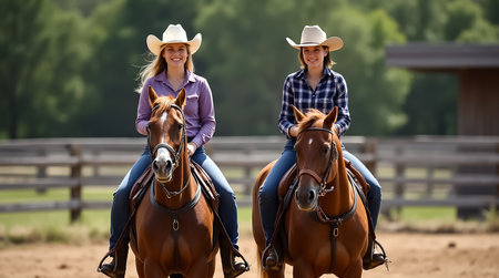 Two women in cowboy hats ride their horses in a ranch. The sun shines brightly as they share smiles, showcasing their bond and love for riding. The lush background adds to the serene atmosphere.の素材