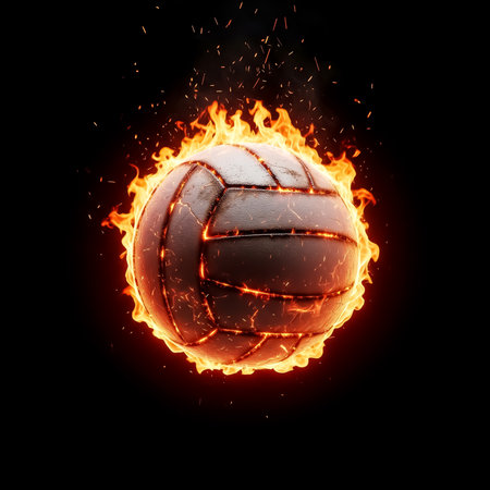 A stunning volleyball design features vibrant flames engulfing the ball, creating an eye-catching visual. The glowing effects enhance the intense energy of the sport, perfect for creative projects.の素材