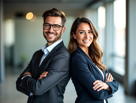 Two business professionals stand back to back, smiling and displaying confidence in a modern office. Sunlight filters through large windows, highlighting their stylish attire.の素材