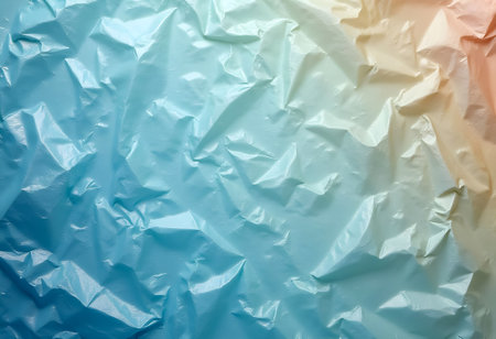 A textured surface of crinkled paper showcases a gradient of blue and peach colors, evoking a sense of tranquility. The gentle folds and reflections enhance the aesthetic appeal.の素材