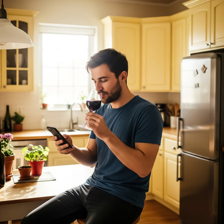 A man is sitting on a kitchen counter, sipping red wine and looking at his smartphone. The kitchen is bright, with plants and modern appliances creating a warm atmosphere.の素材