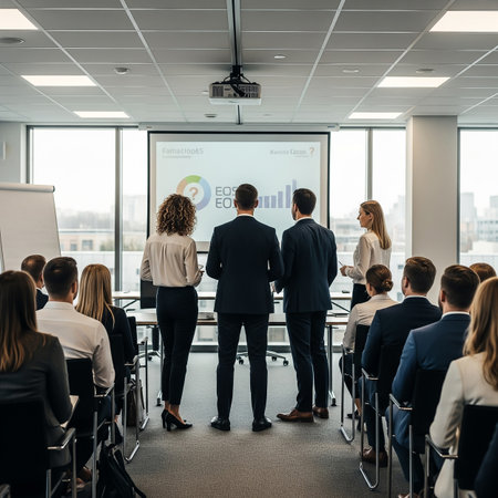 A group of professionals stands facing their audience in a sleek conference room. They discuss a business strategy with a large screen showing graphics during an afternoon meeting.の素材