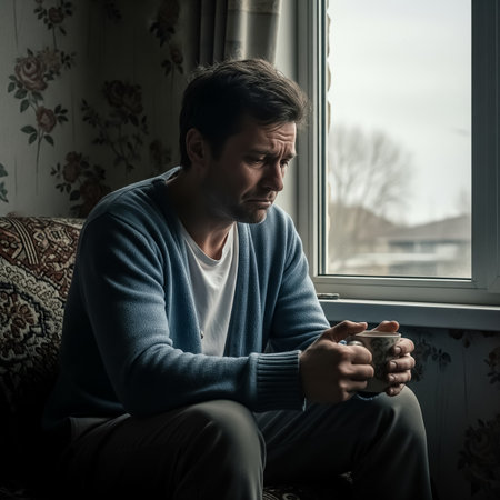 A man sits on a patterned couch, holding a cup while looking thoughtfully out a window. The indoor space has floral wallpaper and a somber atmosphere.の素材