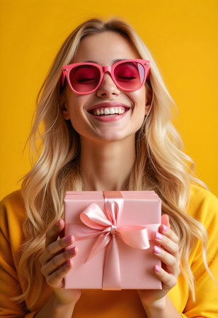 A woman with long blonde hair wears pink sunglasses and a cozy sweater while cheerfully holding a pink gift box tied with a ribbon. Her bright smile radiates happiness in a vibrant yellow setting.の素材