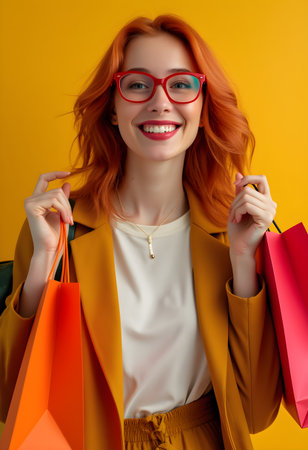 A cheerful young woman with vibrant red hair and glasses showcases her colorful shopping bags against a bright yellow backdrop. She exudes joy and confidence after a successful shopping trip.の素材