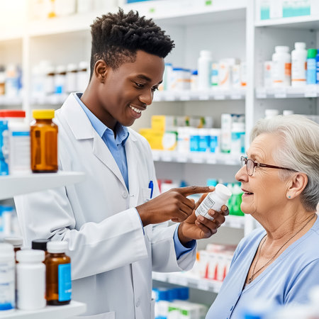 A young pharmacist is smiling and pointing at a medicine bottle while speaking to an elderly woman in a well-stocked pharmacy. Many shelves filled with medications are visible.の素材