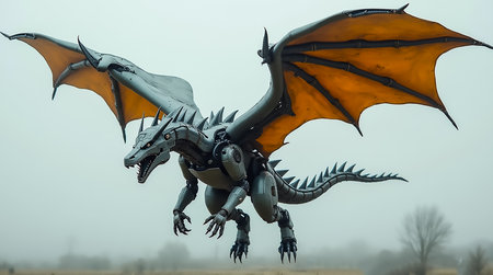 A robotic dragon takes flight in a foggy landscape, its orange wings contrasting with the gray sky. The detailed metallic body showcases advanced engineering and design as it soars gracefully.の素材
