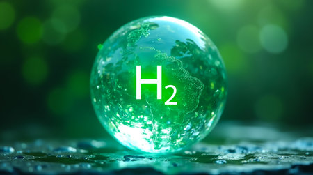 A globe symbolizes hydrogen's role in clean energy, surrounded by a vibrant green setting. The focus is on sustainability and environmental consciousness in today's world.の素材
