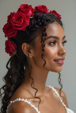 A woman poses gracefully with a floral crown made of red roses, emphasizing her radiant smile and styled hair in a softly lit indoor setting, creating an elegant ambiance.の素材