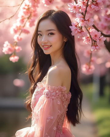 A young woman enjoys the spring season while standing beneath blooming cherry blossom trees. She wears a delicate pink dress, radiating joy amidst the vibrant flowers.の素材