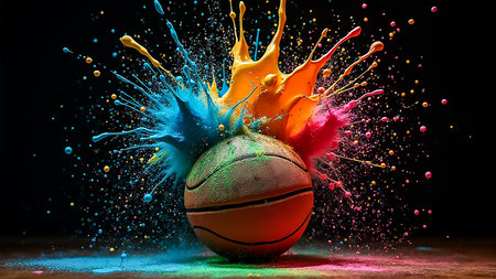 A basketball rests at the center as vibrant bursts of colored paint explode around it, creating a striking visual effect in a dark background, showingcasing motion and creativity.の素材
