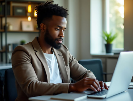 A focused young man is typing on his laptop while seated at a sleek desk in a bright office. The warm light from the window enhances his workspace, creating an inviting atmosphere.の素材