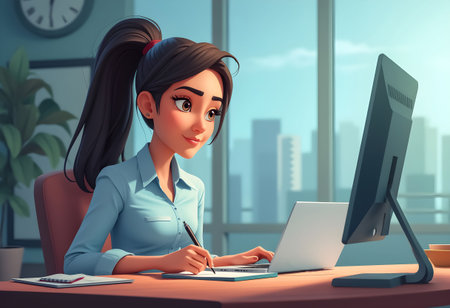 A young woman focuses on her work in a contemporary office setting. She is typing on a laptop while taking notes, surrounded by city views. Bright morning light fills the room.の素材