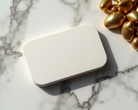 A blank rectangular card is placed on a smooth marble surface, illuminated by natural light. Golden decorative objects are scattered nearby, adding a touch of elegance.の素材