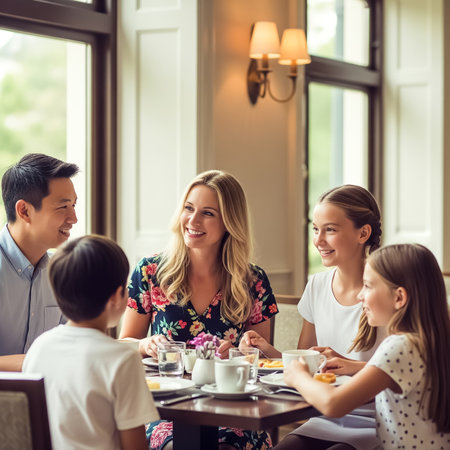 A family of five shares a delightful breakfast at a cozy restaurant. They are smiling and conversing happily over a table filled with food and drinks. The warm atmosphere enhances their joyful moment.の素材