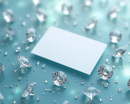 Diamonds and small gems scatter around a blank card placed on a soft blue surface. The setting exudes a sense of luxury and elegance, inviting creativity and intrigue.の素材
