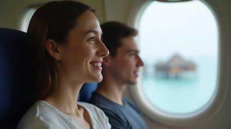 Two passengers sit side by side on a plane, smiling and looking out the window. The view reveals serene tropical waters and a distant island, creating an atmosphere of excitement and adventure.の素材