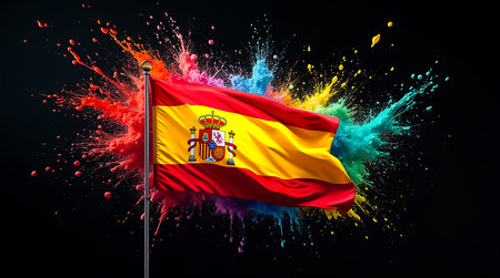 The vibrant flag of Spain is prominently displayed, with splashes of color radiating around it, creating an energetic and festive atmosphere perfect for celebration.の素材
