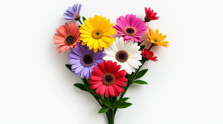 A vibrant bouquet features a mix of gerbera daisies in various colors, including pink, yellow, purple, and white. Perfect for brightening up any space or as a thoughtful gift.の素材