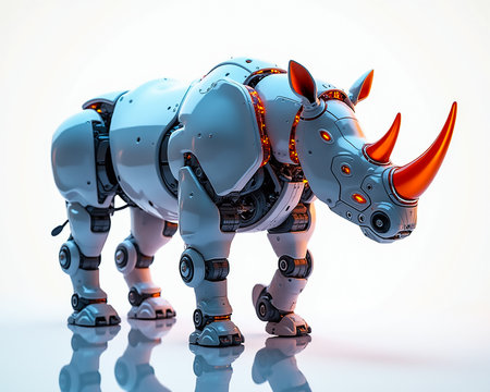 A robotic rhinoceros stands firmly, showing its intricate mechanics and vibrant orange accents. The futuristic design blends nature and technology seamlessly.の素材