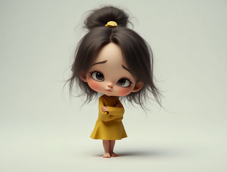 A little girl in a yellow dress stands barefoot in a simple, neutral-toned backdrop. Her large eyes and tousled hair give her a charming, expressive look.の素材