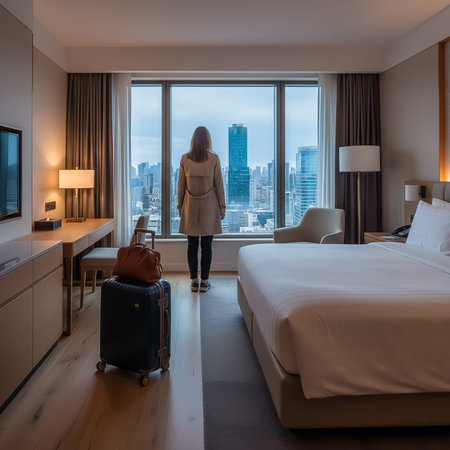 A woman stands by the window of a stylish hotel room, looking out at a bustling city skyline. Her luggage sits nearby, capturing the essence of her travel experience in the late afternoon light.の素材