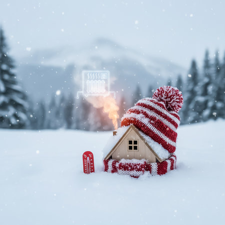 A small house draped in a red and white knitted hat sits in a snowy field, with smoke gently rising from its chimney. Pine trees and mountains provide a serene backdrop.の素材
