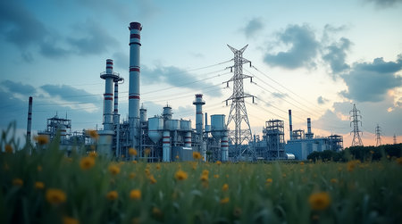 An industrial power plant is depicted against a sunset, with colorful clouds in the sky and yellow wildflowers in the foreground. Power lines stretch across the landscape.の素材
