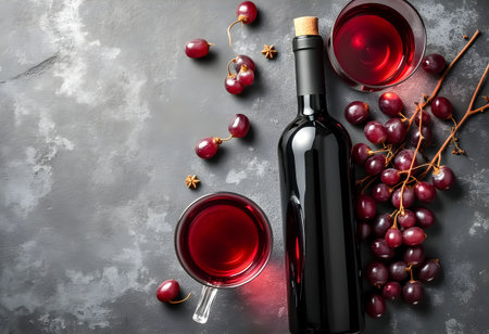 A bottle of red wine sits beside two filled glasses on a dark countertop. Fresh grapes and star anise surround the wine, creating a cozy scene perfect for a gathering.の素材