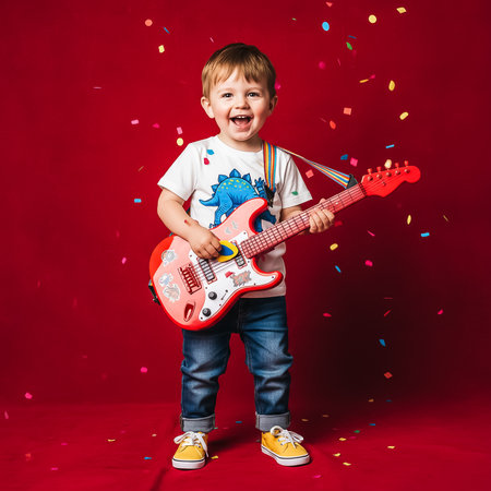 A cheerful young boy stands in front of a vivid red backdrop, holding a toy guitar while colorful confetti showers down, celebrating a fun moment in a playful setting.の素材