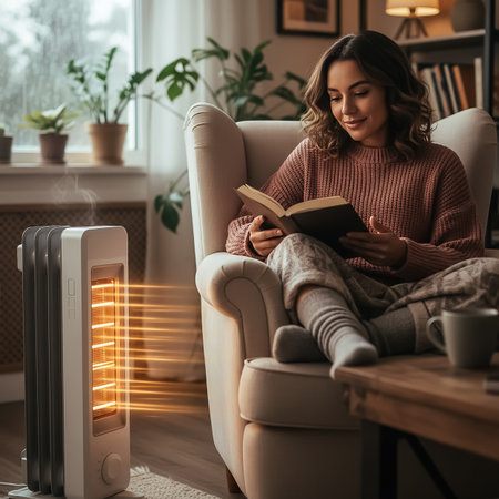 A woman sits comfortably in a soft armchair, reading a book while a heater provides warmth in a cozy living room filled with plants and soft lighting.の素材
