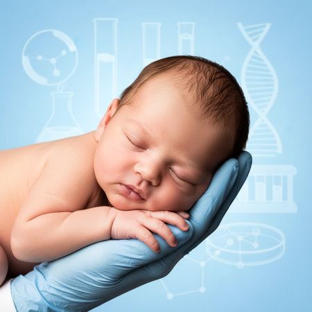 A tiny newborn sleeps soundly in a gentle hand, surrounded by scientific images like beakers and DNA strands, representing the connection between human life and scientific discovery.の素材