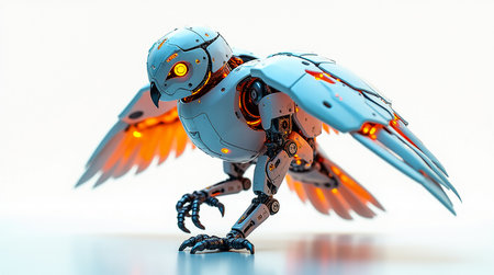 This mechanical owl displays intricate design and glowing eyes, poised in a dynamic stance on a smooth surface. The blend of technology and avian form showcases artistic innovation.の素材