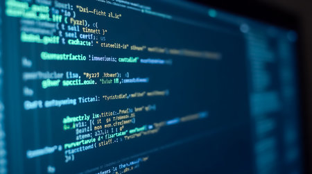 Lines of code display various programming languages including HTML and JavaScript on a computer monitor located in a tech-savvy environment. The workspace is organized and focused on coding.の素材