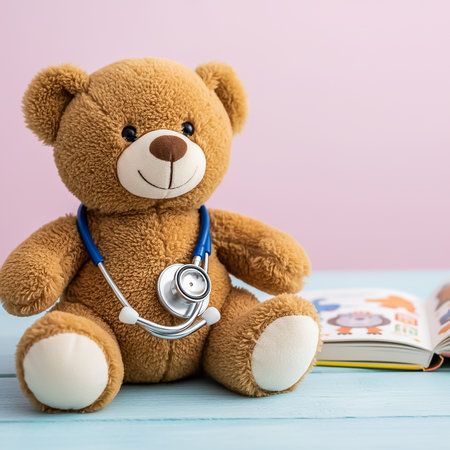 A cute teddy bear with a stethoscope around its neck sits on a blue table. Beside it is an open children's book featuring colorful illustrations, against a soft pink background.の素材