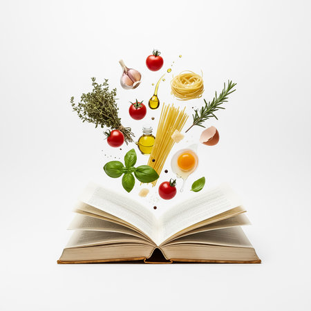 A colorful display of vegetables, herbs, and pasta elements floats above an open book, representing a culinary adventure in Italian cooking during daylight.の素材