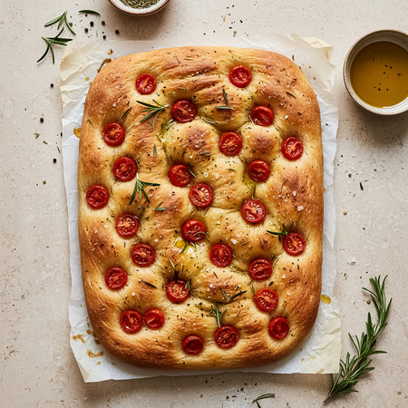 Delicious focaccia bread is freshly baked, topped with vibrant red tomatoes and fragrant rosemary. Olive oil and herbs surround the bread, enhancing its flavor.の素材