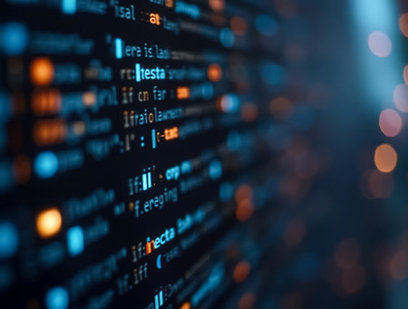Streams of code fill the screen, reflecting advanced programming in a sleek workspace. Soft glows from screens enhance the cutting-edge atmosphere during an intense condensing session.の素材