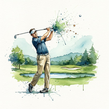 A golfer takes a swing on a vibrant course. The landscape features trees and rolling hills in the background. The scene captures the spirit of the game in bright colors.の素材