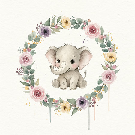 A charming little elephant poses in a colorful wreath made of soft roses and flowers. This delightful artwork creates a playful atmosphere perfect for a child's room or nursery.の素材