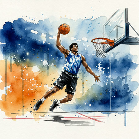 A skilled basketball player leaps into the air, preparing to make a dunk on a colorful court. The scene is filled with energy and the warm glow of sunset in the background.の素材
