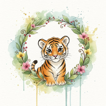 A playful tiger cub sits in the center of vibrant flowers and leaves, showing a cheerful expression. The illustration features soft colors and a delightful nature theme.の素材