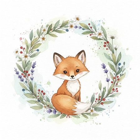A charming fox with soft orange fur sits gracefully within a circular wreath made of various flowers and green leaves, showing a gentle and peaceful atmosphere.の素材