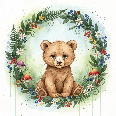 A cute bear cub sits calmly at the center of a vibrant floral wreath. The background features playful mushrooms, flowers, and lush greenery, creating a cheerful woodland scene.の素材