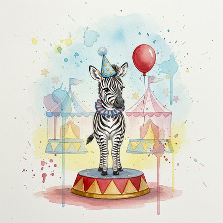 A cheerful zebra wearing a party hat poses on a pedestal at a circus-themed celebration. Colorful balloons and vibrant decorations create a fun atmosphere, making this a playful scene.の素材