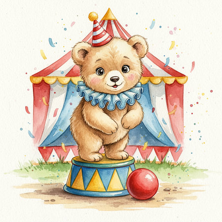 A small bear stands on a pedestal, wearing a party hat and ruffled collar, surrounded by colorful confetti and a circus tent, creating a cheerful ambiance.の素材