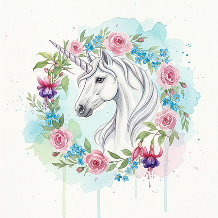 A stunning unicorn head is placed in the center, surrounded by colorful flowers and foliage. The artwork features soft pastel hues and intricate details, radiating magic and charm.の素材