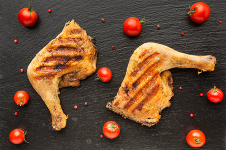 Top view of roasted chicken.
