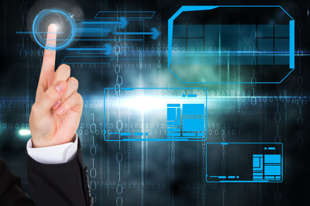 composite of hand pointing at graphics with blue background